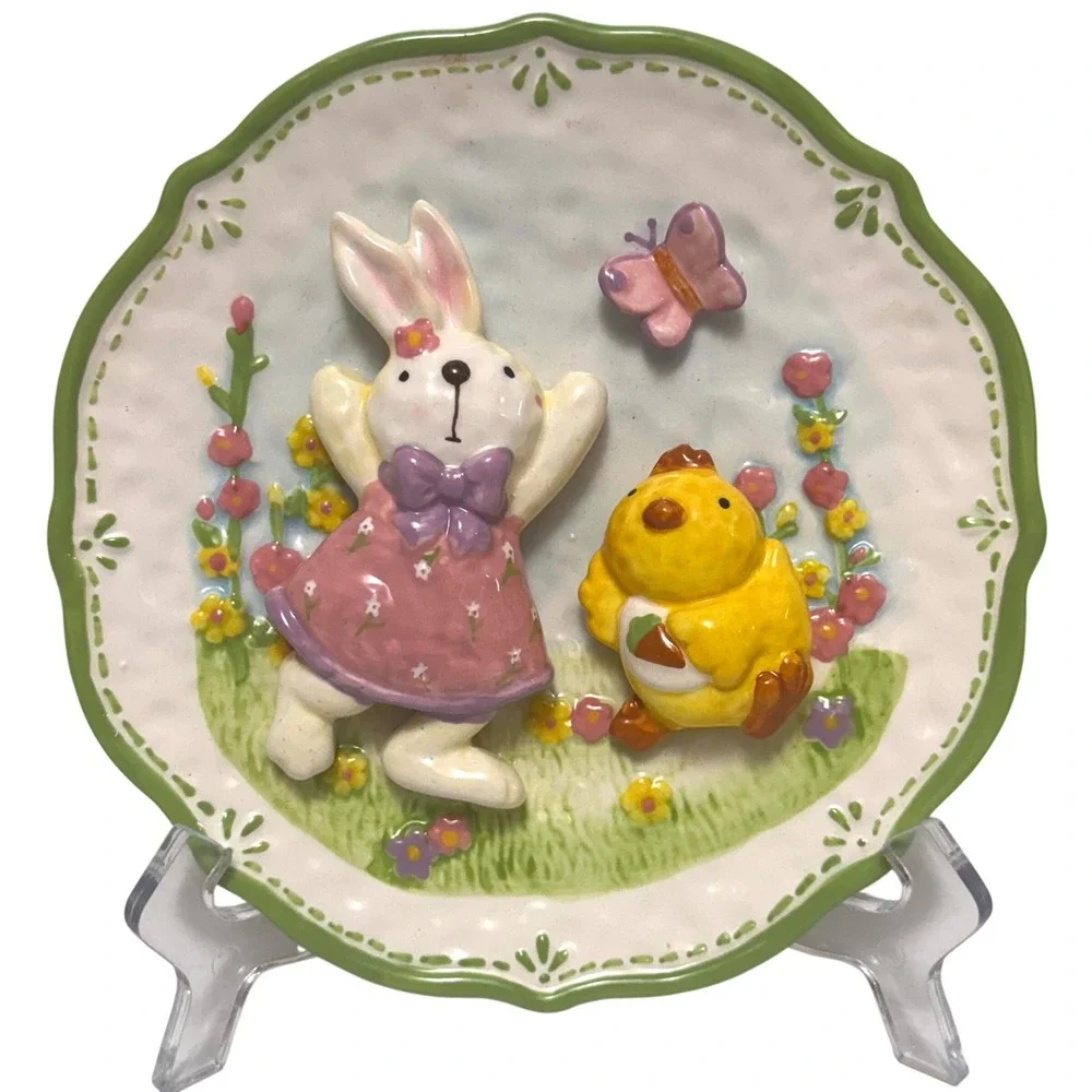 Set of 3 3-D Easter Bunny Rabbit Plates Spring‎ Figurines Butterflies Flowers